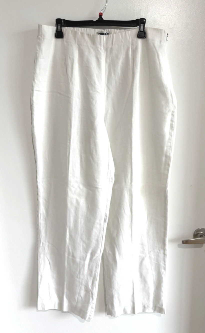 Vintage Chico's White Linen Wide Leg flat front Pants Lagenlook Sz-XL/L